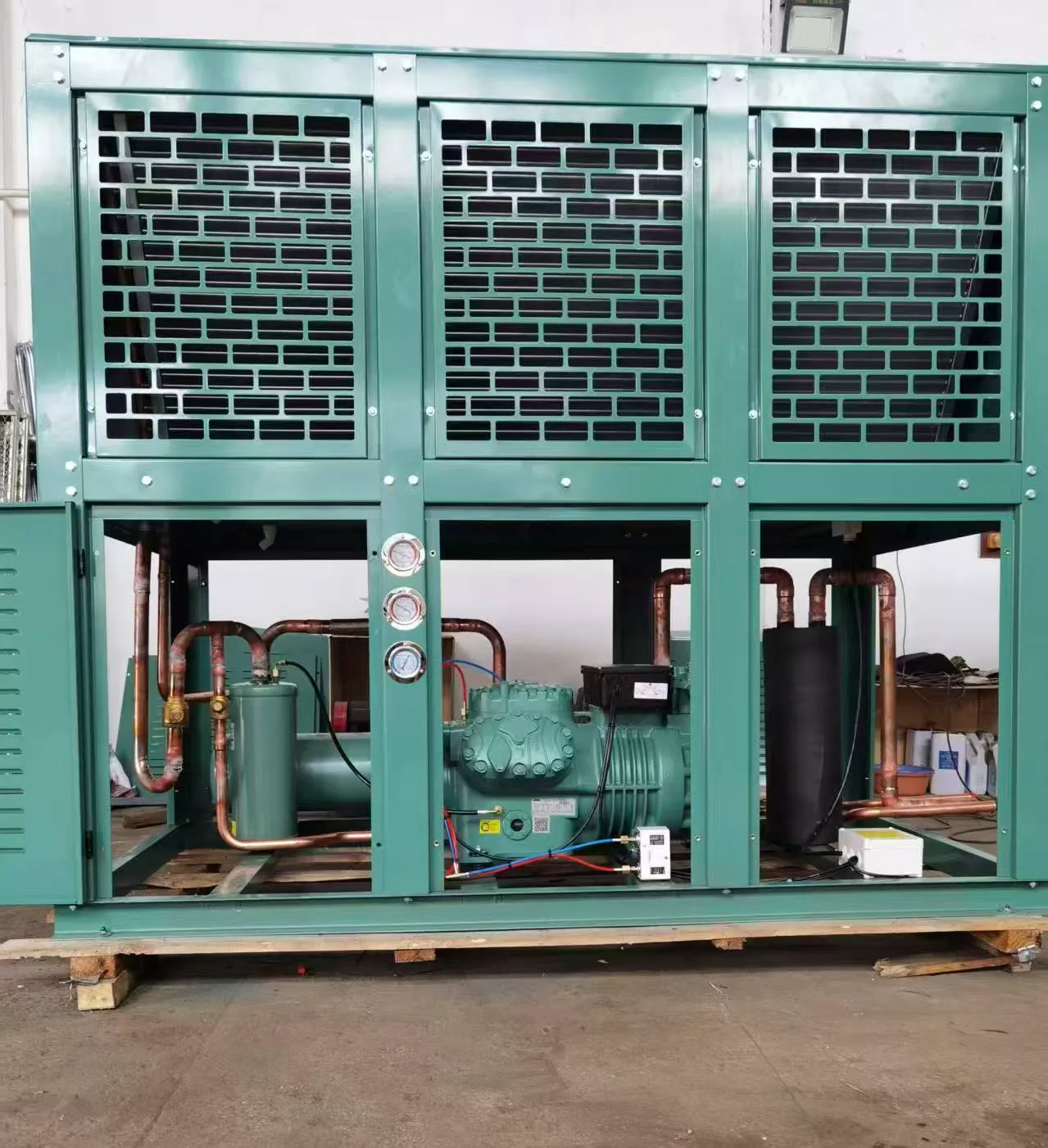 V-type box enclosed Bitzer condensing unit for harsh outdoor environments.